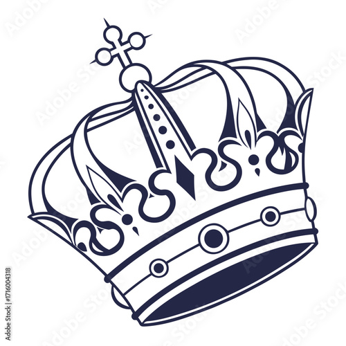 Elegant dark blue line art illustration of a royal crown with ornate details on a white background