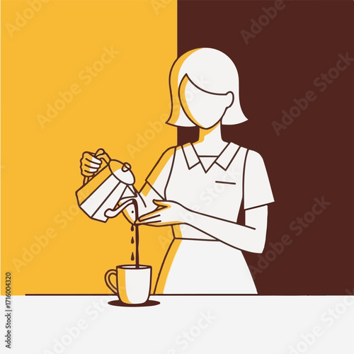 Minimalist Illustration of a Woman Pouring a Hot Beverage from a Kettle into a Cup