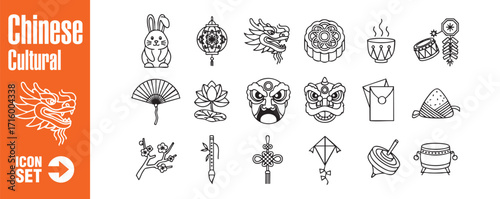 Chinese cultural icon set collection of traditional symbols, including dragon, lantern, rabbit, fan, and more perfect for designs related to chinese culture