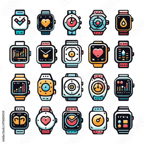 Colorful Smartwatch Designs Displayed in a Grid Format