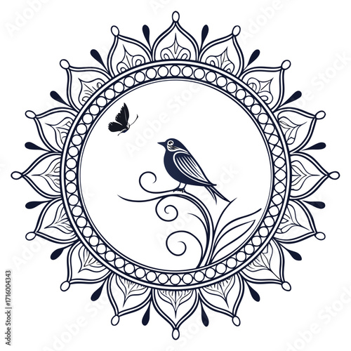Elegant dark blue mandala design with a bird perched on a branch and a butterfly flying nearby