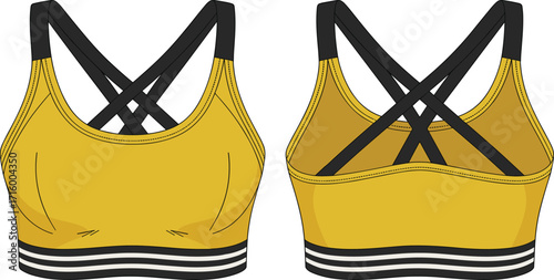 Vibrant mustard yellow sports bra with black criss-cross back straps and striped band, perfect for a high-impact and stylish gym workout.