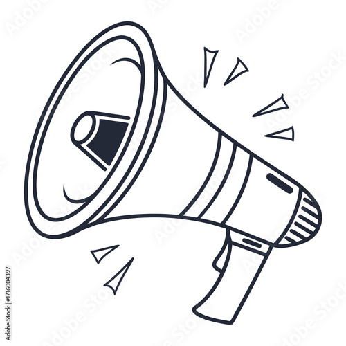 Hand drawn outline illustration of a megaphone making a loud announcement with sound waves emanating outwards