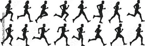 Running silhouettes, athlete motion sequence, jogging stride illustration, human locomotion, sports training, biomechanics study, fitness exercise, black outline, vector design, icons