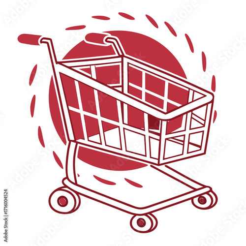 Red shopping cart with a circular motion effect and dashed lines on a white background representing commerce and speed