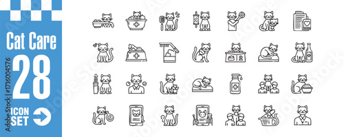 This is a collection of 28 cat care icons, each meticulously designed to represent various aspects of feline wellbeing, from feeding to grooming, it covers all