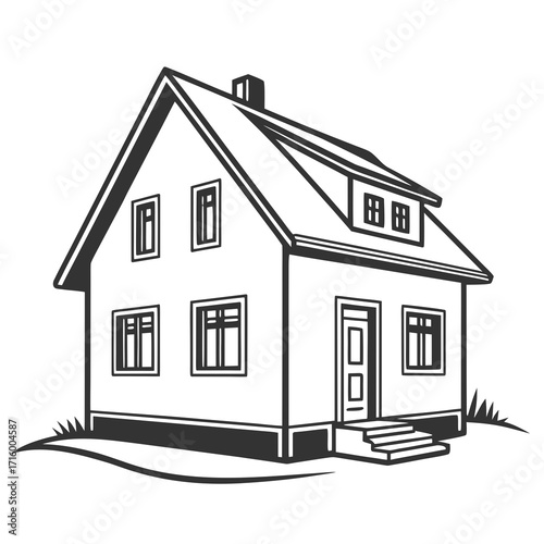 Simple black and white illustration of a two story house with a chimney and dormer windows