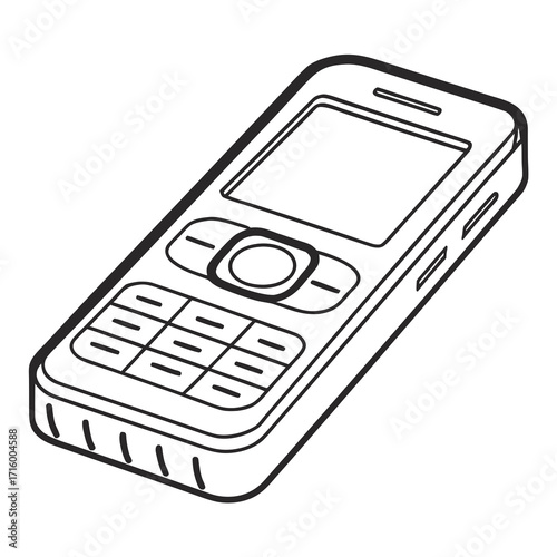 Simple black and white line drawing illustration of a classic mobile phone with a numeric keypad and screen