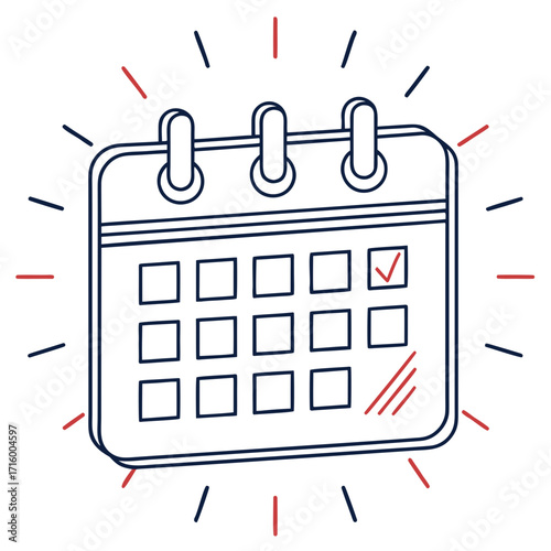 Simple line art illustration of a calendar with a checked day and radiating lines symbolizing importance or an event