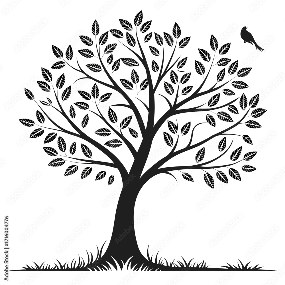 Obraz premium Stylized black silhouette of a leafy tree with a bird perched on a branch against a white background
