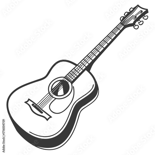 Stylized black and white illustration of an acoustic guitar with six strings and a white background
