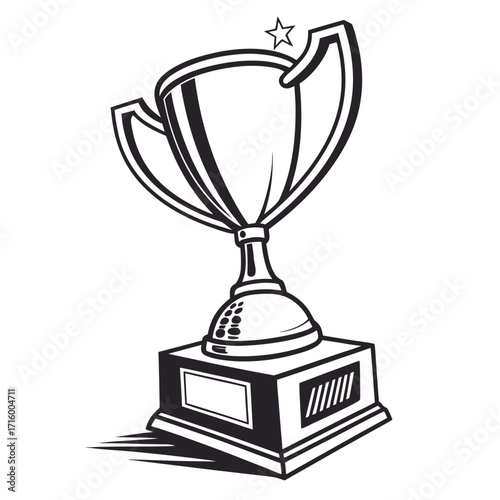 Stylized black and white illustration of a champion s trophy with a star on top and a blank plaque