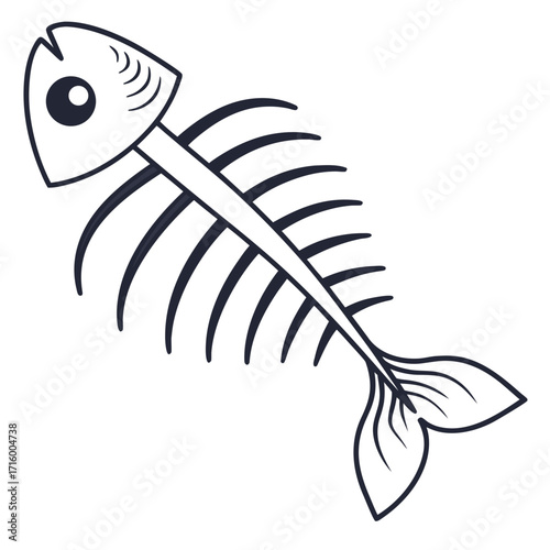 Stylized black and white outline of a fish skeleton with a single eye and a fanned tail