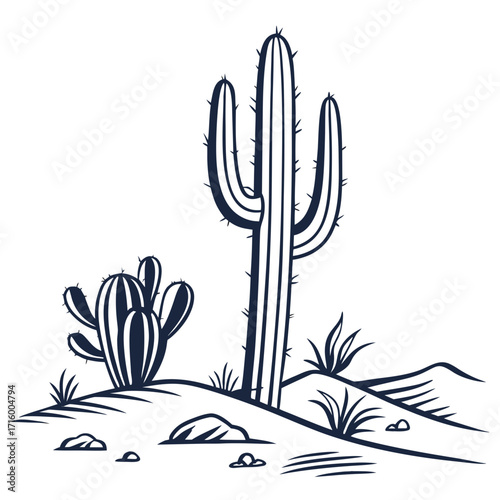 Stylized illustration of a desert landscape featuring a tall saguaro cactus and a prickly pear cactus with sparse vegetation and rocks