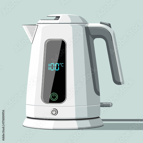 Electric kettle with digital display showing 100 degrees Celsius.