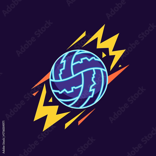 Stylized volleyball illustration with neon blue lines and yellow lightning bolts on dark background.