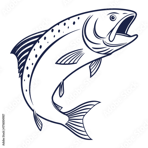 Dynamic outline illustration of a leaping salmon fish with open mouth and detailed fins on a white background