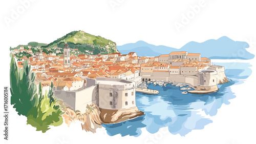 Dubrovnik Old Town and Walls. Dubrovnik Old Town and Walls watercolor vector illustration