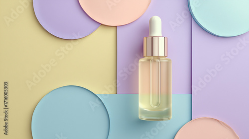 Serene Essence: An elegant bottle of skin serum is gracefully presented against a pastel backdrop of soft colors, inviting a sensory experience of self-care and well-being.