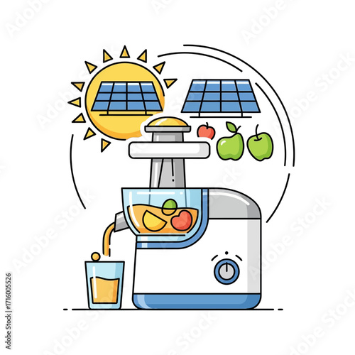 Juicer powered by solar panels making juice from apples and other fruits.