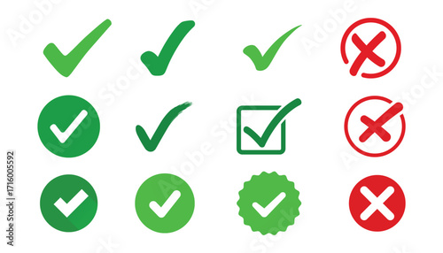 Vector collection of green tick marks and red cross icons. A flat design symbol set for validation, approval, and voting concepts