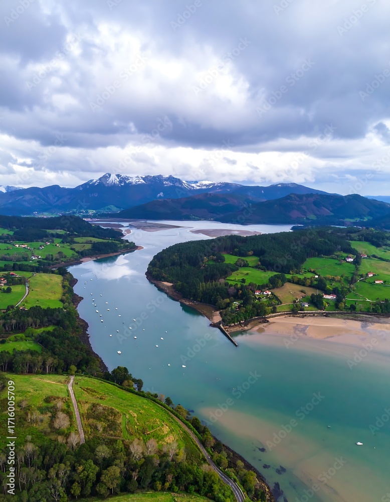 Fototapeta premium Aerial view of a river valley with mountains