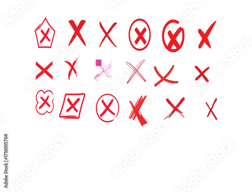 A comprehensive assortment of vibrant red hand-drawn 'X' marks, symbolizing error, denial, failure, or incorrect choices, suitable for diverse graphic design projects and feedback mechanisms