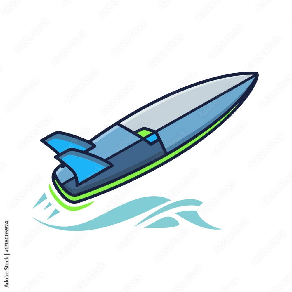 Obraz premium Cartoon illustration of a blue and gray speedboat with green accents, speeding over water.