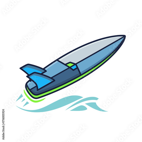 Cartoon illustration of a blue and gray speedboat with green accents, speeding over water.