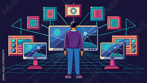Man standing in front of multiple screens and data panels representing digital technology, information systems and network analysis