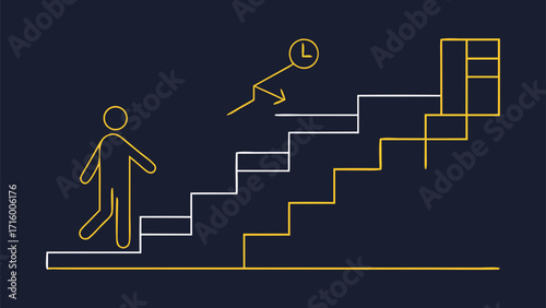 Person climbing stairs with clock and bookshelf symbolizing time management, knowledge growth and personal development