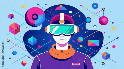 Person wearing virtual reality headset surrounded by futuristic digital elements representing VR technology and immersive experience