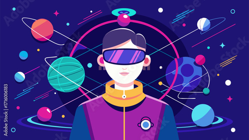 Person wearing futuristic VR headset surrounded by colorful planets and space elements representing virtual reality and cosmic exploration