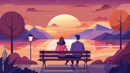 Romantic couple sitting on a bench watching sunset over lake with autumn trees and mountain landscape