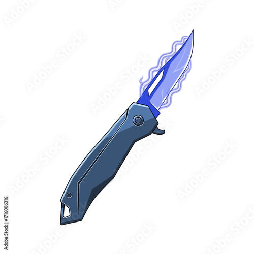 Illustration of a folding knife with a glowing blue blade.