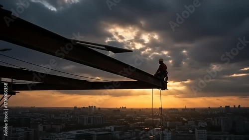 Worker balancing on steel beams at sunset, overlooking a city skyline with dramatic clouds