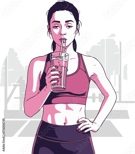 Athletic Woman in Sportswear Drinking Refreshing Beverage After Workout