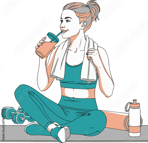 Illustrated Woman in Activewear Hydrating After Workout