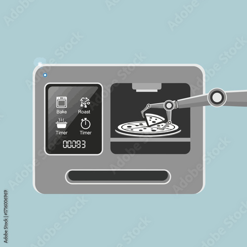 Robotic arm serving pizza from an automated oven.