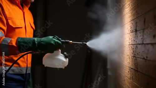 Worker in safety gear spraying a wooden wall with a pressure washer in a dimly lit environment