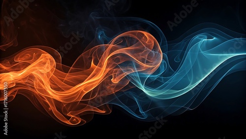 Abstract patterns of smoke in deep orange and blue tones, blending seamlessly on a dark background