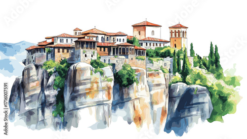 Meteora Monasteries. Meteora Monasteries watercolor vector illustration