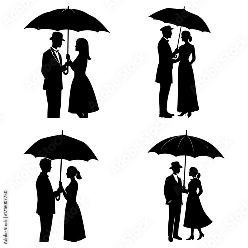 Silhouetted couples standing under umbrellas in formal attire in a romantic and classic black and white scene