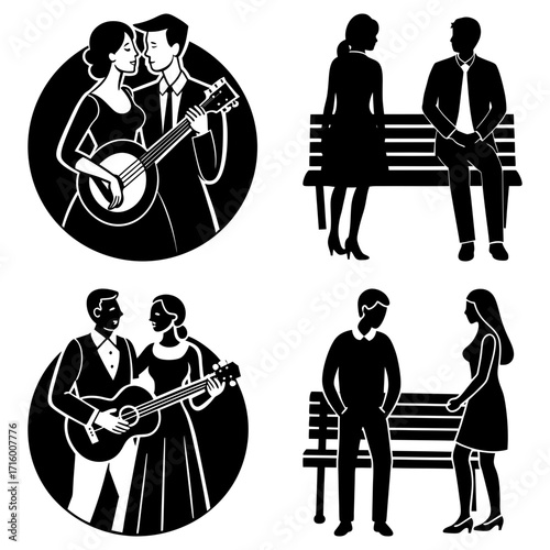 Four romantic scenes featuring couples with musical instruments and park bench silhouettes