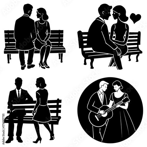 Silhouette illustrations of couples on benches and a couple with a guitar in a circle design