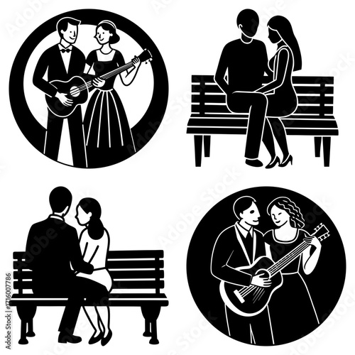 Four vignettes depict couples in romantic settings playing music and sitting on park benches in black and white
