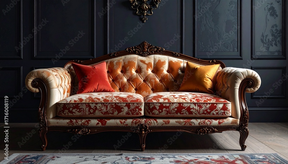 © PixelTundra - Loveseat drenched in shimmering damask designs, minimalist space, bold upholstery, mystical serenity, realistic for trendy webpage.