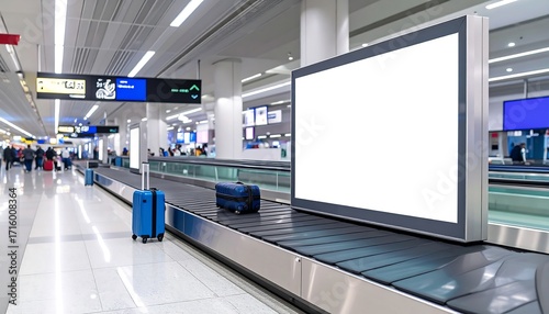 Airport baggage claim area with blank billboard