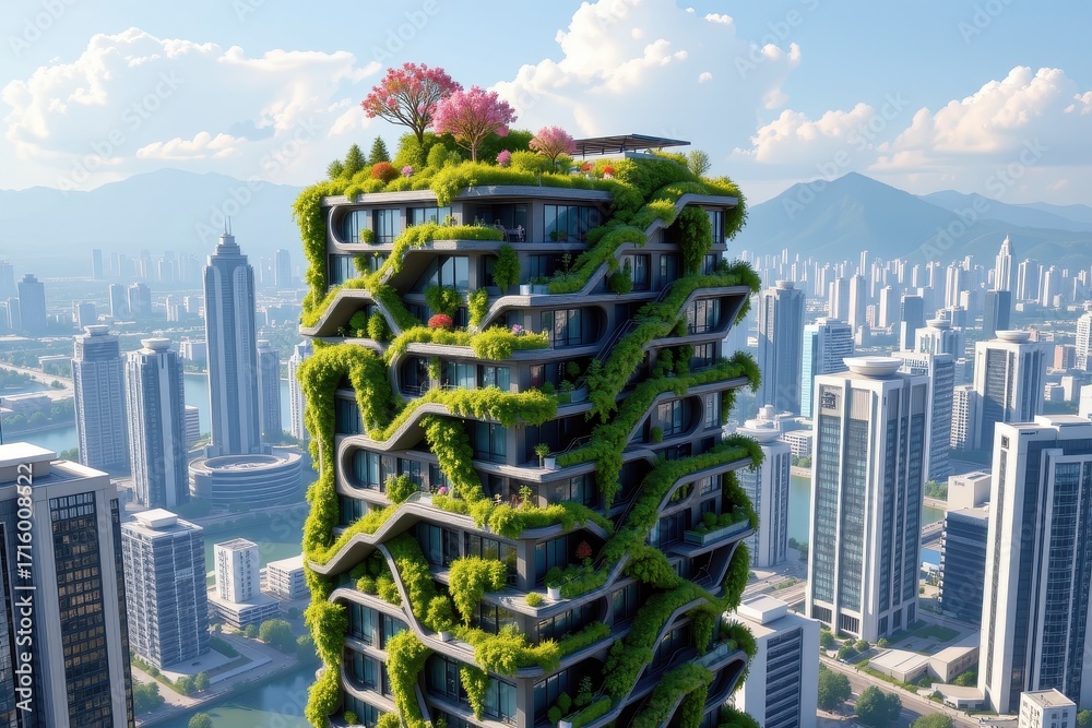 Obraz premium modern futuristic botanical skyscraper with cascading greenery rooftop gardens integrated solar panels surrounded by glass towers bright daylight realistic photo