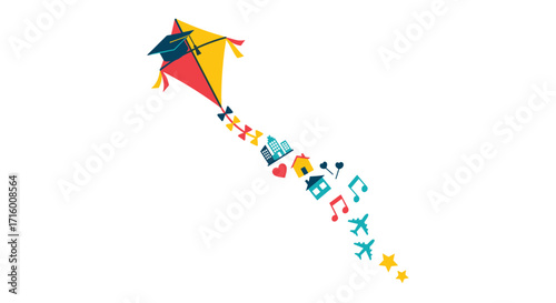 Celebrate graduation with a kite soaring towards dreams of home travel music and success in a modern vibrant design, Generative AI.
